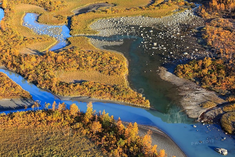 River, river delta, lakes, moor, autumn, autumn colours, sunny, aerial view, Rapadalen, Laponia, Lapland, Sweden
