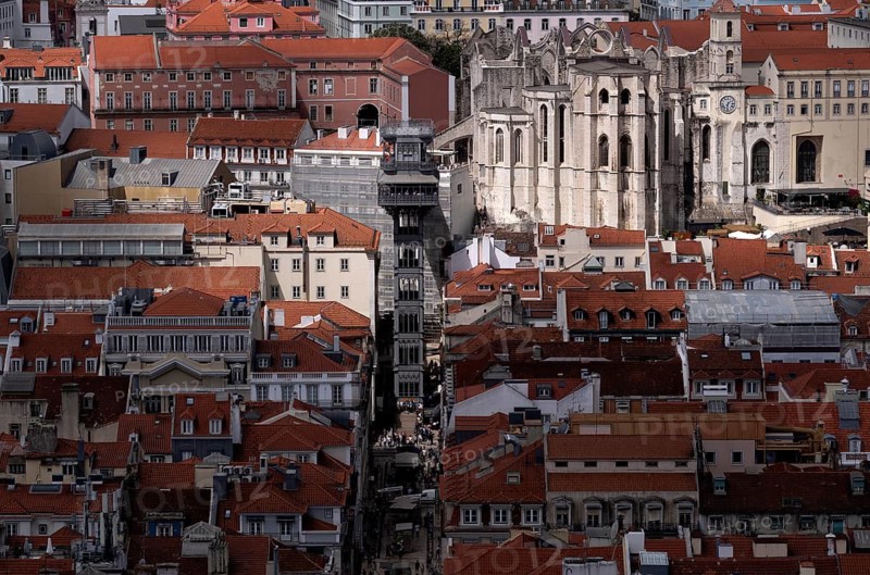 View from Castelo de São Jorge to old town, Elevador de Santa Justa lift, Museu Arqueológico do Carmo museum in church ruins, city view, Lisbon, Portugal