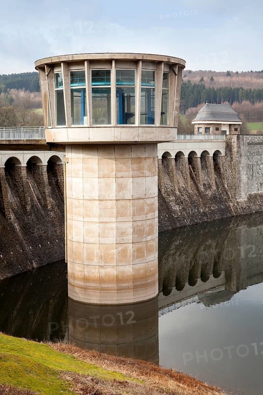 Dam of the Lister Reservoir, turbine tower at Bigge Reservoir hydroelectric power station, Olpe, Germany