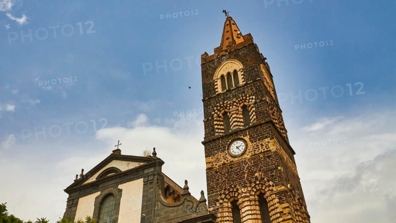 Superwidewinle shot, oblique from below, church, steeple, Randazzo, town, Nebrodi National Park, Sicily, Italy