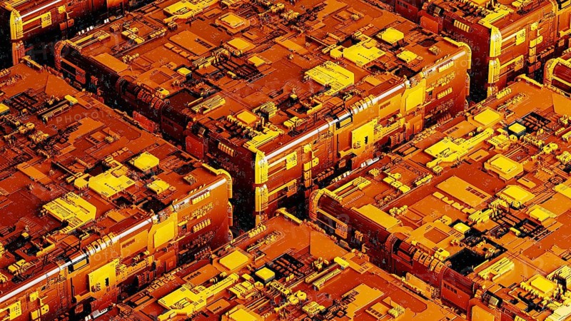 This background showcases a complex arrangement of abstract circuitry, with warm orange hues and intricate patterns that evoke a sense of advanced technology and innovation