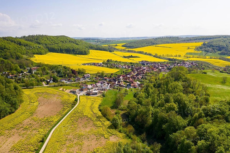 View of Wintzingerode, aerial view with blooming rape fields, Leinefelde-Worbis, Eichsfeld, Thuringia, Germany
