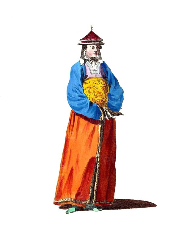 Historical clothing, fashion through the ages, woman's fashion in China, around 1700, digitally restored reproduction of a model from the 18th/19th century, exact date unknown, woman in traditional oriental traditional costume with blue turban and orange skirt