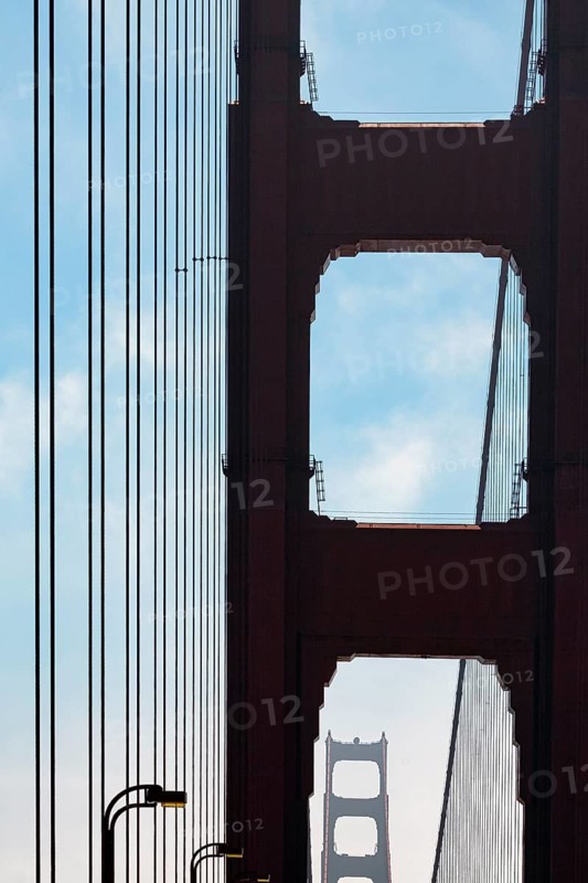 Pylon of the suspension bridge, detail, Golden Gate Bridge in backlight, San Francisco, California, USA