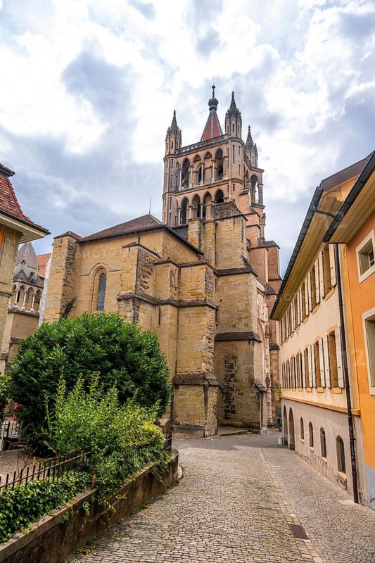 Exterior view, Notre-Dame Cathedral, former episcopal church of the diocese of Lausanne, today the main reformed church of the city of Lausanne, Canton of Vaud, Switzerland