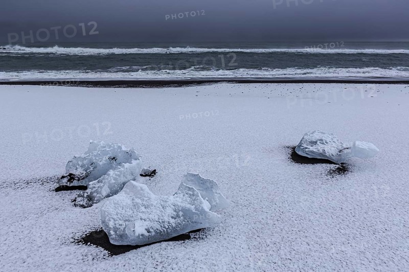 Ice floes on the beach, snowy, waves, sea, clouds, winter, Diamond Beach, Breidamerkursandur, Jökulsarlon, Iceland