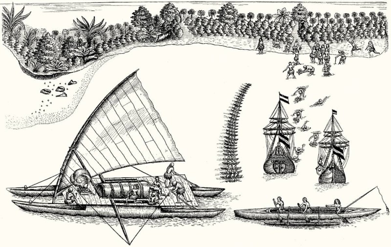 The two ships of Abel Janszoon Tasman, bay of Tongatapu, Tonga, Polynesia, 17th century
