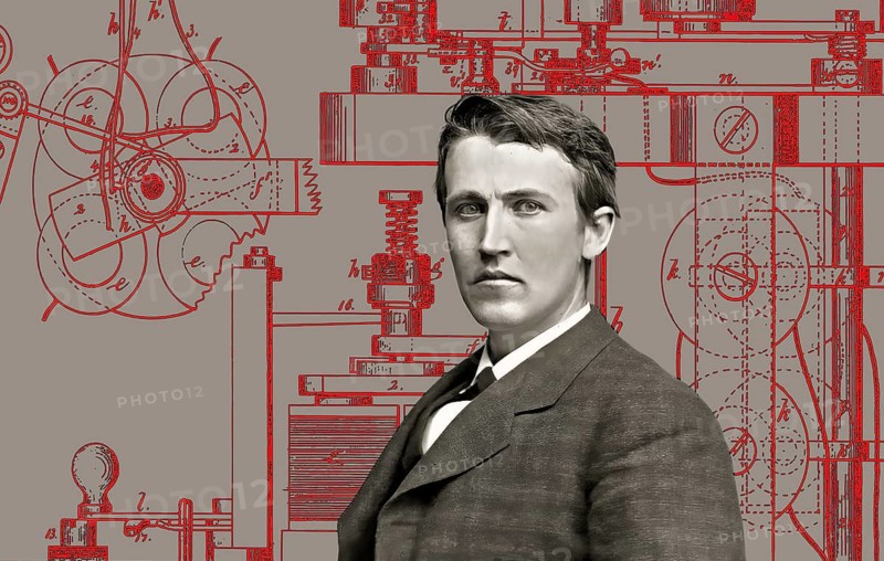 Thomas Alva Edison, 1847, 1931, American inventor, Telegraph Apparatus, Patented 1872, digitally edited according to a photography by Mathew Brady, 1878