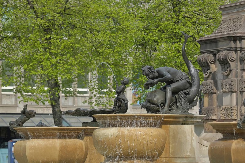 Grupello pyramid with bronze sculptures and water feature, fish figure, Mannheim, Hesse, Germany