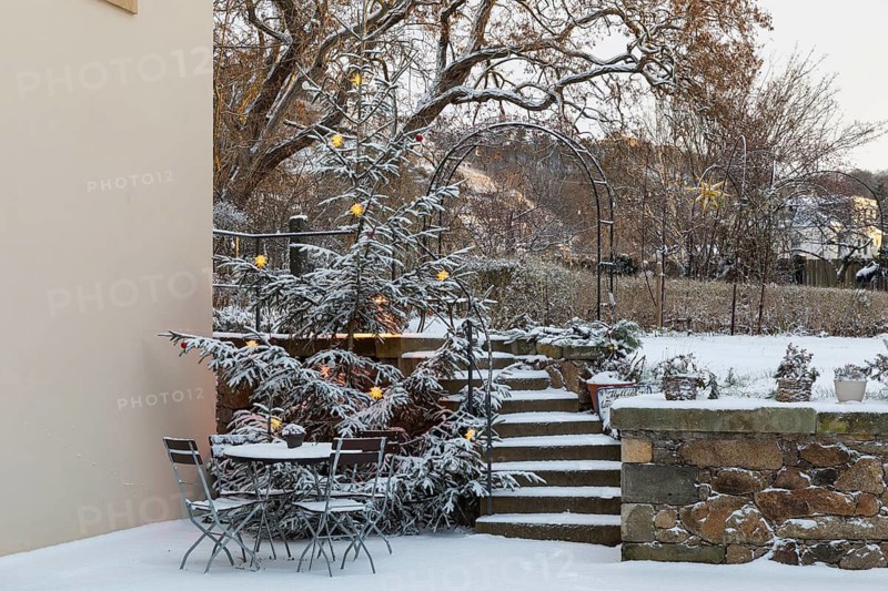 Still life of an illuminated Christmas tree, stairs and sitting area in the snow, Aust Winery, Oberlößnitz, Radebeul, Saxony, Germany