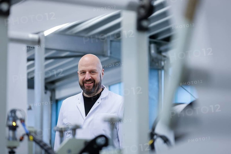 Wuppertal, North Rhine-Westphalia, Germany - FFP2 masks production Made In Germany at Sentias German Care, Managing Director Christian Vorbau in the production hall