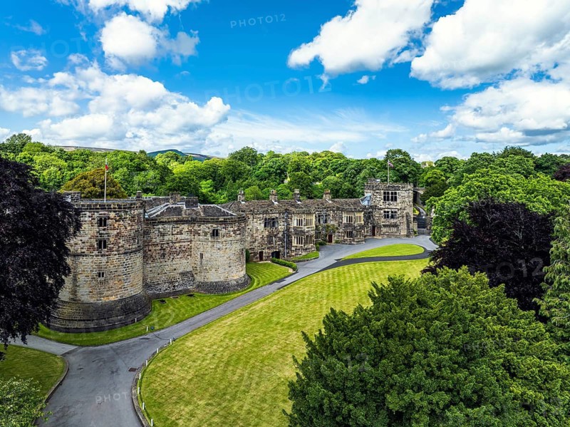 Skipton Castle from a drone, North Yorkshire, England, United Kingdom