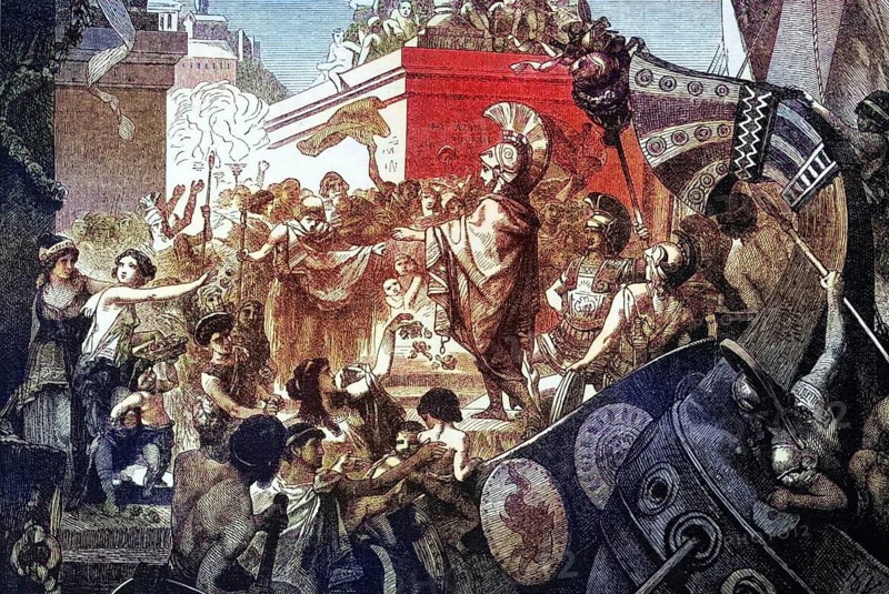 The return of Alcibiades to Athens in 407 BC, he was a strategic advisor, military commander and politician, Greece, digital reproduction of a historical model