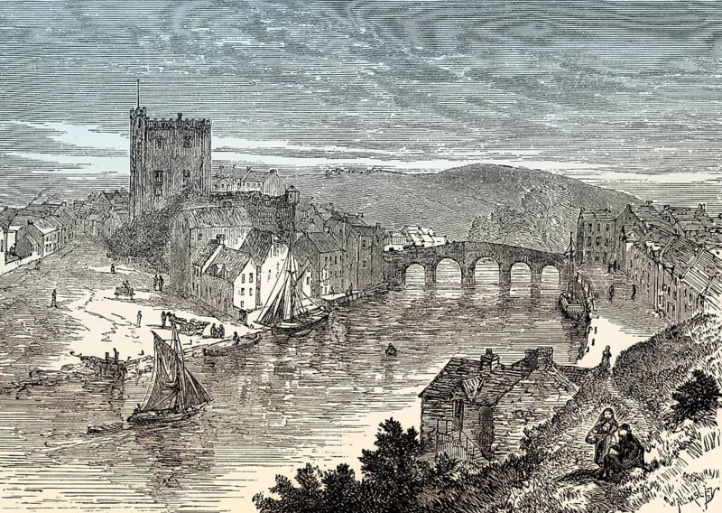 Historical view of Enniscorthy, 18th century, County Wexford, Ireland, From British Battles on Land and Sea, by James Grant