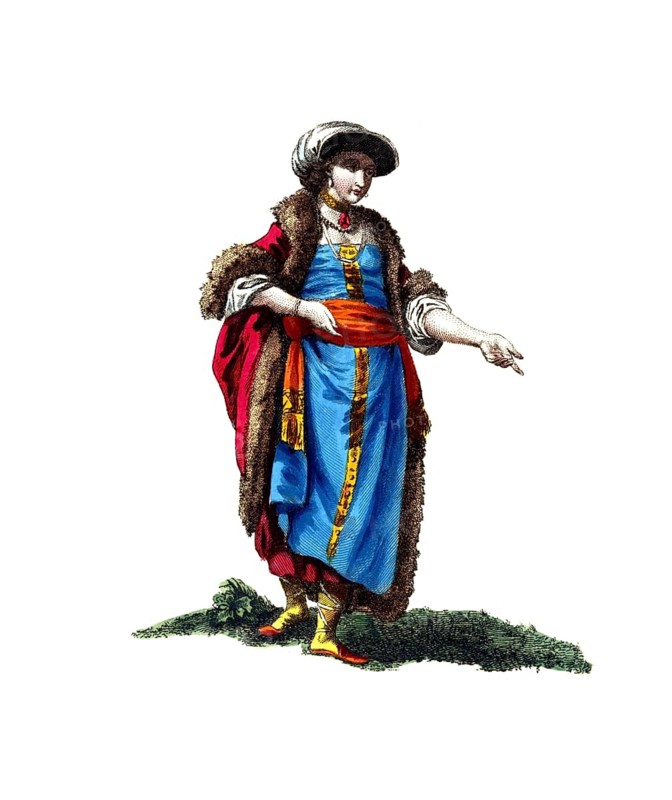 Historical clothing, fashion in the course of time, clothing of a Russian lady in Arkhangelsk in 1768, digitally restored reproduction of a model from the 18th/19th century, exact date unknown, woman in traditional dress with blue dress and red scarf