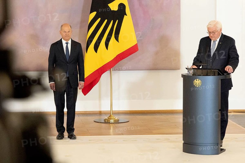 Berlin, Germany - 25 March 2025: Chancellor Olaf Scholz (L) and Federal President Frank-Walter Steinmeier during the dismissal of the Federal Government by Federal President Frank-Walter Steinmeier and handing over the certificates of dismissal to the ministers and Chancellor Olaf Scholz. The term of office of the Federal Government ended with the constituent session of the 21st German Bundestag which took place earlier today