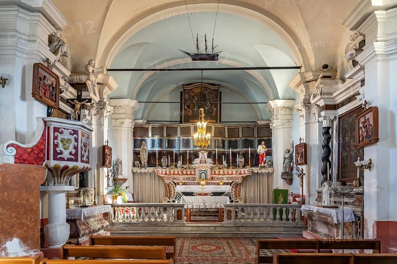 Altar of the church Eglise de l'Annonciation in the village of Sant'Antonino in Balagne, Corsica, France