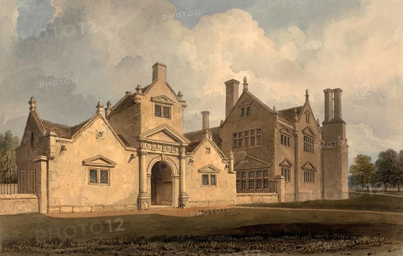 East View of Trevalyn Hall, Denbighshire, property of George Boscawen Esquire, an Elizabethan manor house near Wrexham in Wales, digitally restored reproduction of a 19th-century original by John Buckler, Record date not stated, East View of Trevalyn Hall, the property of George Boscawen Esquire, an Elizabethan manor house near Wrexham in Wales, digitally restored reproduction of a 19th-century original, Record date not stated