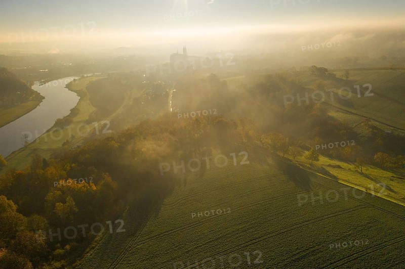 Aerial view in morning fog, Elbe valley with Albrechtsburg Meißen, Saxony, Germany