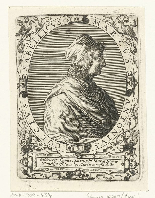 Marcantonio Sabellico, Marco Antonio Sabellico, Latinised Marcus Antonius Sabellicus, actually Coccio, c. 1436 to 1506, was an Italian historian and librarian, Historical, digitally restored reproduction of a 19th century original