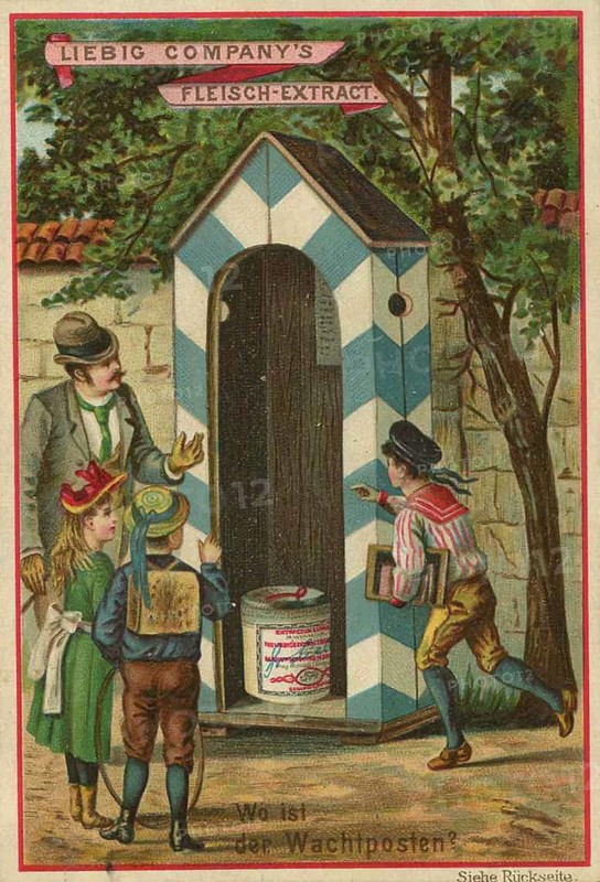 Picture series Bilderrätsel, Wo ist der Wachtposten, Liebigbild, digitally restored reproduction of a collector's picture from around 1900, public domain, exact date unknown, children and a man looking at a decorated cabin under trees. There is a curious and playful atmosphere