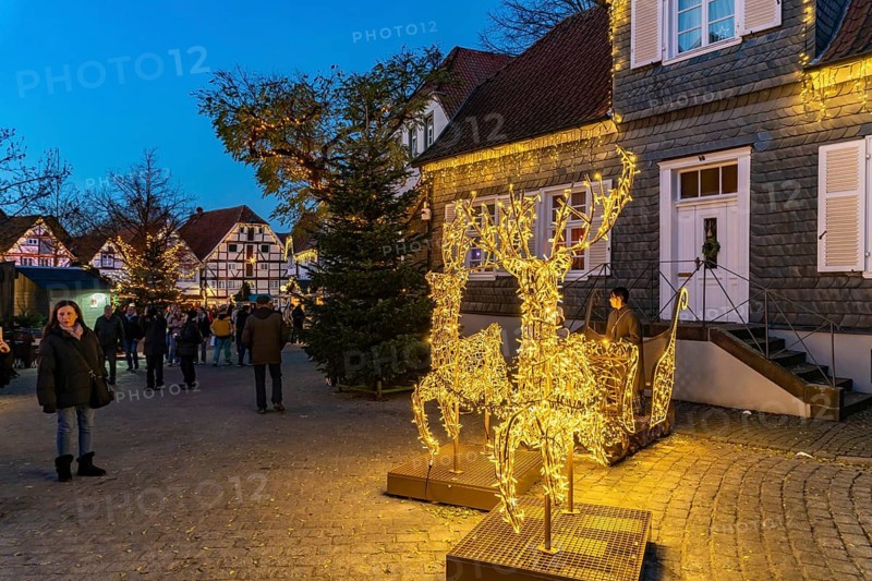 LED reindeer with sleigh at the Christmas market in Soest at dusk, North Rhine-Westphalia, Germany
