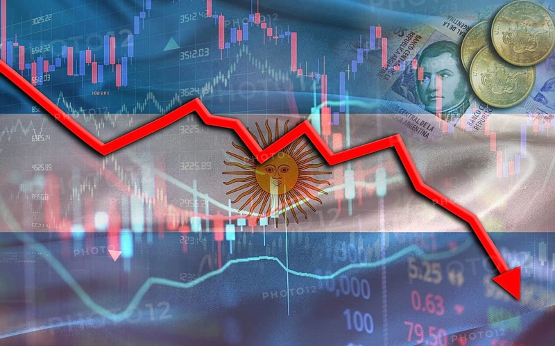 Argentina financial fall on economy market. Argentinian financial crisis on economic graph