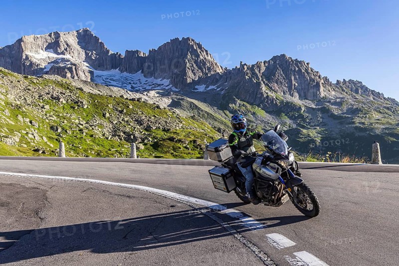 A favourite leisure activity for motorcyclists is a tour over winding Alpine passes. Furka Pass, Realp, Canton Uri, Switzerland