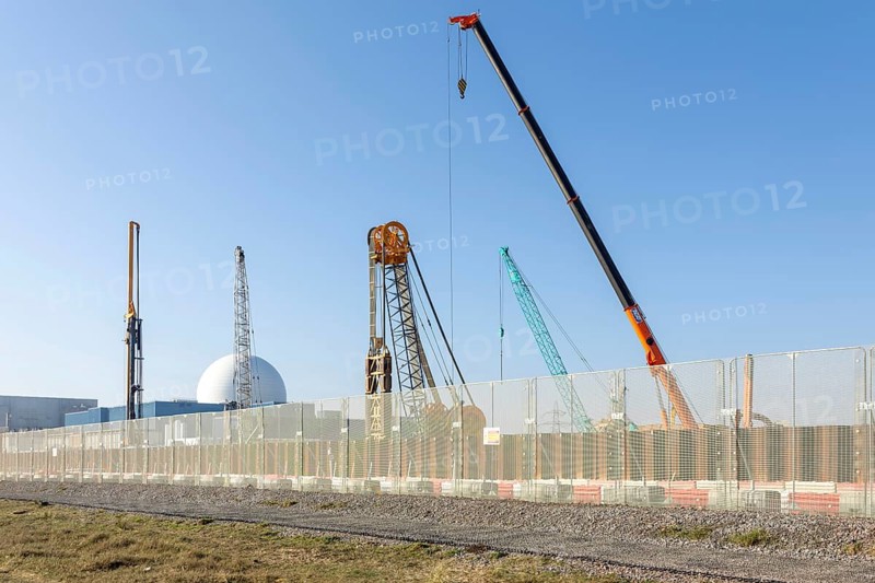 Preparatory construction work, Sizewell C nuclear power station, Sizewell, Suffolk, England, UK - Sizewell B dome in background March 2026