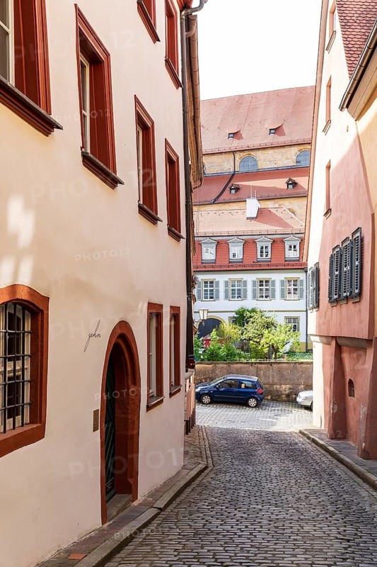 Narrow street in the ice pit, mountain town of Bamberg, Bavaria, Germany