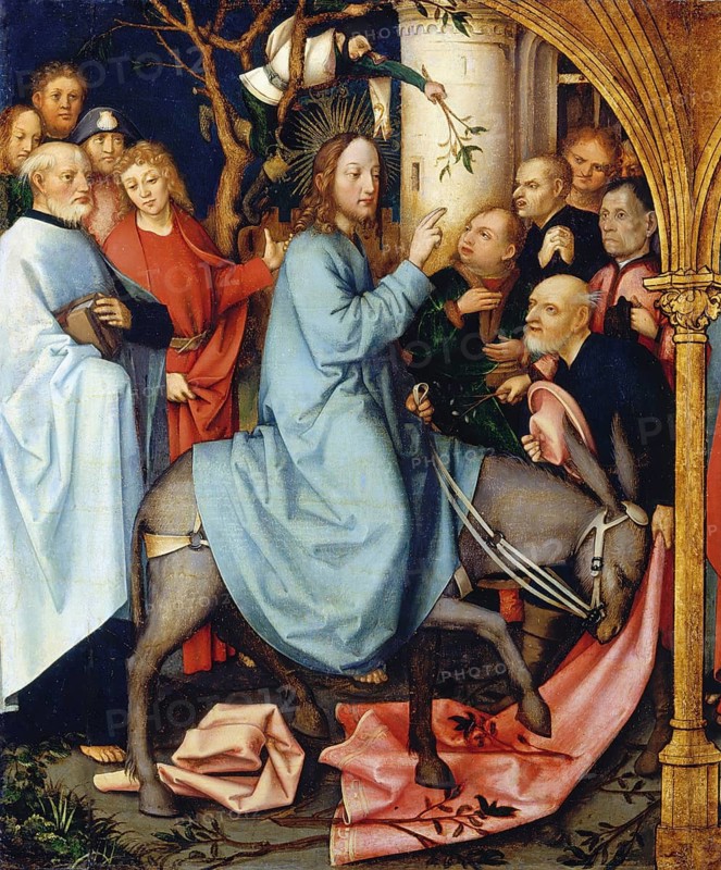 Picture shows the entry of Christ into Jerusalem, an important event in Christian iconography, the scene illustrates the biblical account in which Jesus enters Jerusalem on a donkey and is welcomed by the crowd, authentic reproduction of a work of art, painting, drawing by Hans Holbein the Elder (born 1465 in Augsburg, died 1524 in Basel or Isenheim), German painter of the Renaissance, historical
