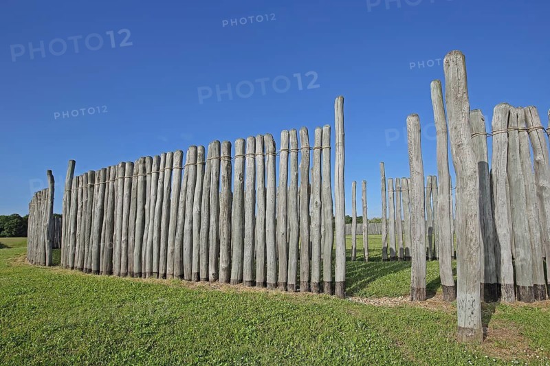 Solar observatory, archaeological reconstruction from the Neolithic period, earliest celestial observation in archaeology, record, oldest, age, historical, palisades, wooden poles, circle, ring, astronomy, Goseck, Unstruttal, Saxony-Anhalt, Germany