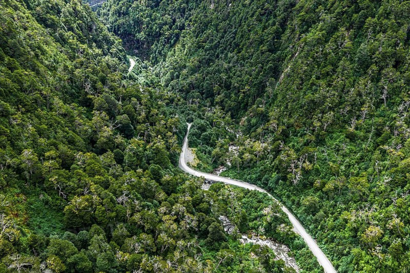 Road Carretera Austral, gravel road through cold rain forest, dead trees, north of Puerto Yungnay, aerial view, Patagonia, Chile