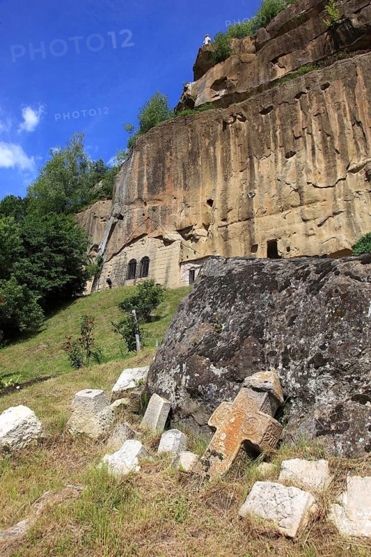 Corbii de Piatra rock monastery, stone ravens carved into a massive, 30-meter high sandstone wall, village of Jgheaburi, municipality of Corbi, in the district of Argesin, Wallachia, Romania