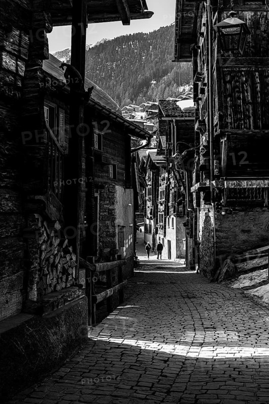 Old farmhouses in the Rue du Village, black and white photo, historic town center, Grimentz, Val d'Anniviers, Valais Alps, Canton of Valais, Switzerland