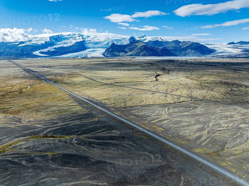 Ringroad no. 1 crossing the glacial floodplains of the Vatnajökull glacier, aerial view, Iceland