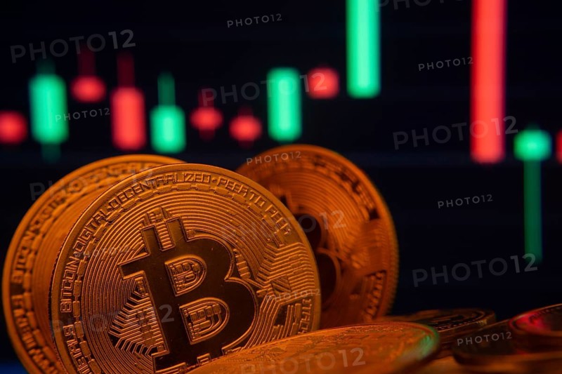 Bitcoin coins with a financial chart depicting market trends and trading activity