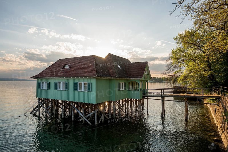 Aeschacher Bad, bathhouse, historic pile dwelling, Lindau, Lake Constance, Bavaria, Germany
