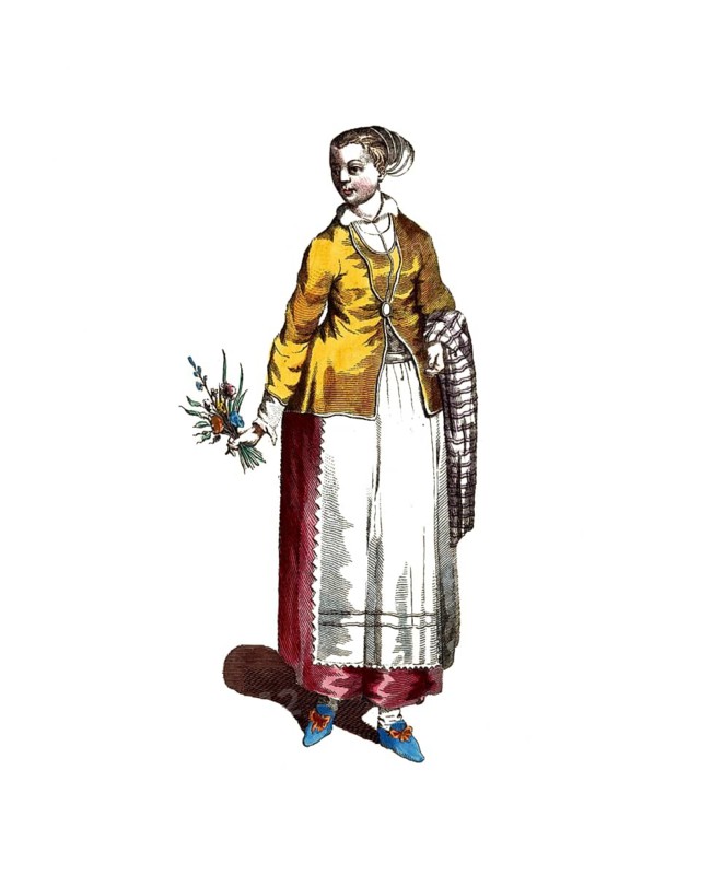 Historical clothing, fashion over time, traditional costume of a Dalarna farmer from Dalarna, historical province in Sweden, 18th century, digitally restored reproduction of an 18th/19th century model, exact date unknown, young woman with flowers in her hand, wearing traditional clothing with a jacket and bonnet