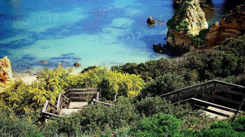 Wooden staircase leads through lush vegetation to a quiet beach, Praia do Camilo, Lagos, Algarve, Portugal