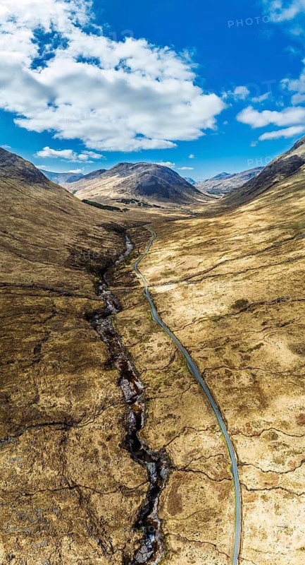 Panorama of Mountains and Moors over Glen Etive Valley from a drone, Buachaille Etive Mòr, The Buachaille, Highlands, Scotland, United Kingdom