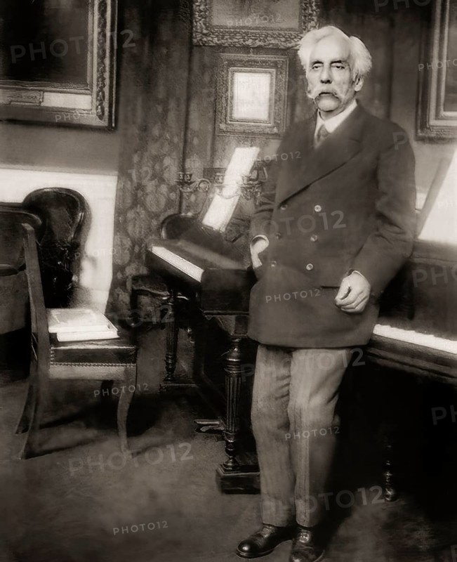 Gabriel Fauré, 1845 – 1924, French composer, next to his piano in his appartement, Boulevard Malesherbes, Paris, digitally edited according to a photograph by Pierre Choumoff