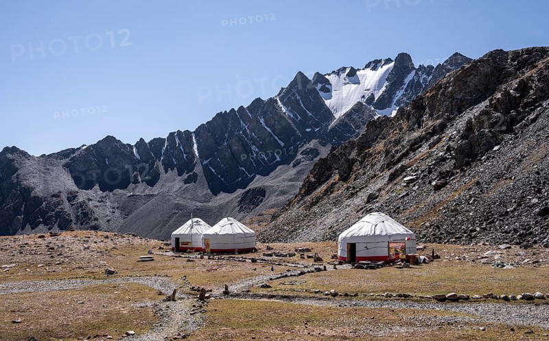 Yurts in the high valley, Keldike Valley on the way to the Ala Kul Pass, Tien Shan Mountains, Kyrgyzstan