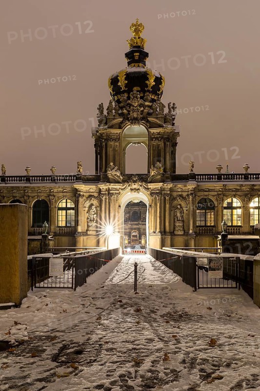 Old town in the snow, crown gate of the Zwinger at night, Dresden, Saxony, Germany