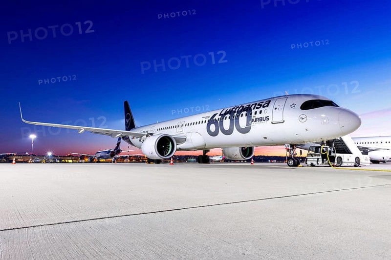 A Lufthansa Airbus A321neo aircraft with the registration D-AIEQ and the 600th Airbus Aircraft livery at Stuttgart Airport, Germany