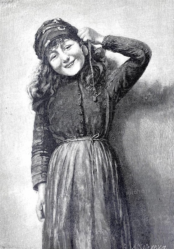 Girl with grandfather's pocket watch, 1896, illustration, reproduction from a 19th century model. Authentic, file restored for optimal use, exact date of submission unknown, historical, smiling woman wearing old-fashioned dress and cap in a nostalgic drawing