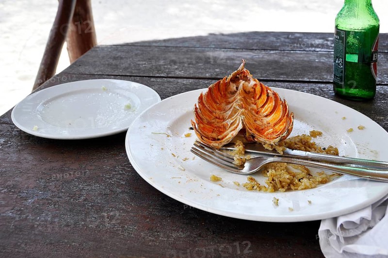 Plate and bottle after dinner in beach hut, Cuba, Caribbean, Central America