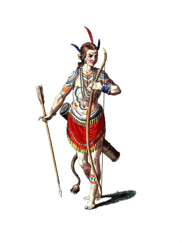 Historical clothing, fashion over time, clothing of a distinguished gentleman from Virginia, around 1800, digitally restored reproduction of an 18th/19th century model, exact date unknown, An indigenous warrior with bow and arrows, painted body and feather headdress