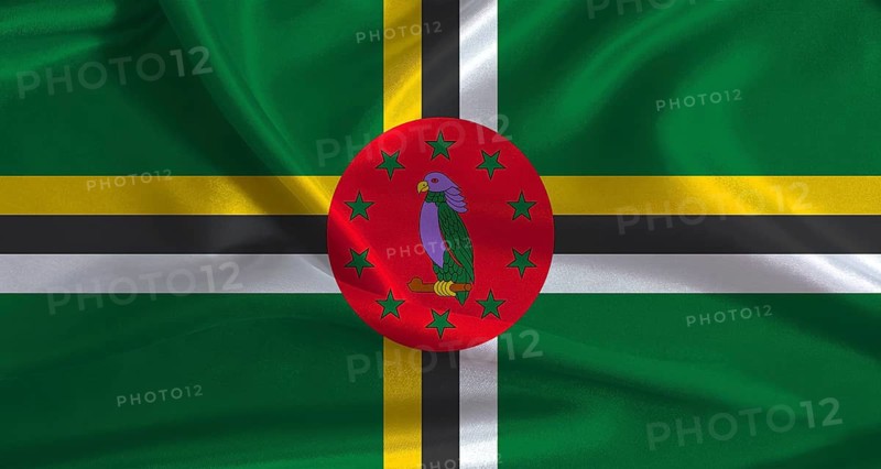 Dominica flag with cloth textured background. National flag of Dominica with realistic texture
