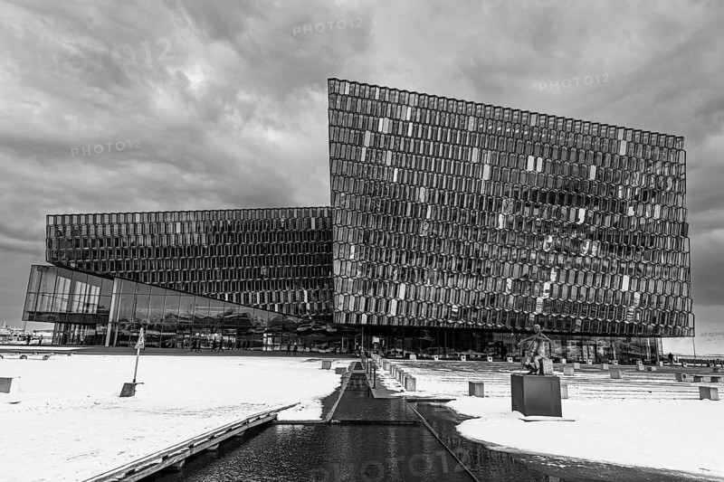 Façade of the Harpa Concert Hall and Congress Centre, black and white photo, Reykjavik, Reykjanes Peninsula, Sudurnes, Iceland